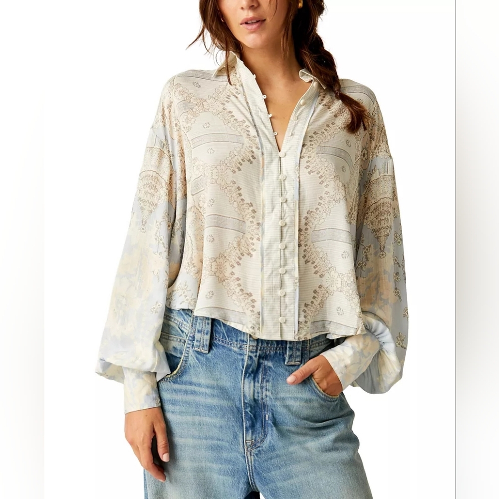 Free People Virgo Baby Buttondown Long Sleeve Shirt Sz M MSRP $128 NWT